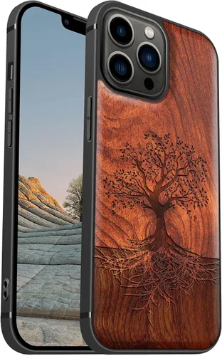 Vista 19 de Carveit Funda magnética de madera para iPhone 13 [madera real dura y TPU suave negro] funda protectora de madera única y elegante a prueba de golpes