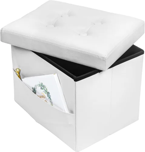Vista 28 de Bsketa Otomana de Almacenamiento, Taburete Plegable con Asiento Acolchado de Espuma Más Gruesa, Otomana Pequeña de Cuero para Almacenamiento, Banco