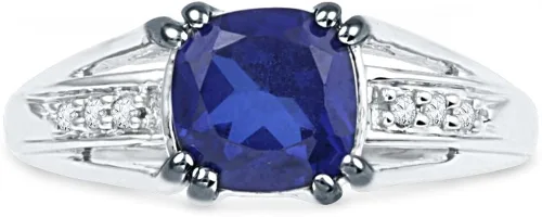 Vista 2 de D-GOLD Anillo de plata de ley con zafiro azul y diamantes redondos blancos