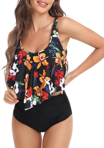 Vista 4 de Tankini Swimsuits for Women Two Piece Bathing Suits Ruffled Flounce Tankini Top with High Waisted Bottom Bikini Set