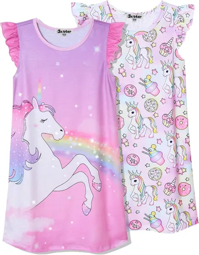 Vista 10 de Jxstar Paquete de 2 camisones para niñas, pijamas de manga con vuelo, vestidos de noche de algodón