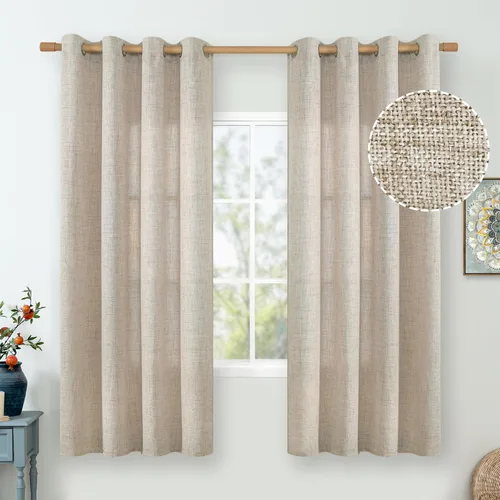 Vista 11 de Cortinas de Lino Toffee de 63 Pulgadas de Largo para Sala de Estar/Dormitorio, Arpillera Gruesa Texturizada Filtrado de Luz No Transparente