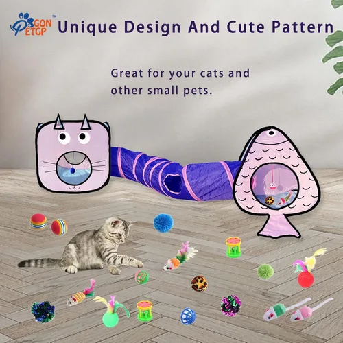 Vista 3 de GONPET - Juego para gatos de interior: 23 piezas de juguetes para gatitos, incluye túnel plegable para mascotas, varita interactiva para gatos