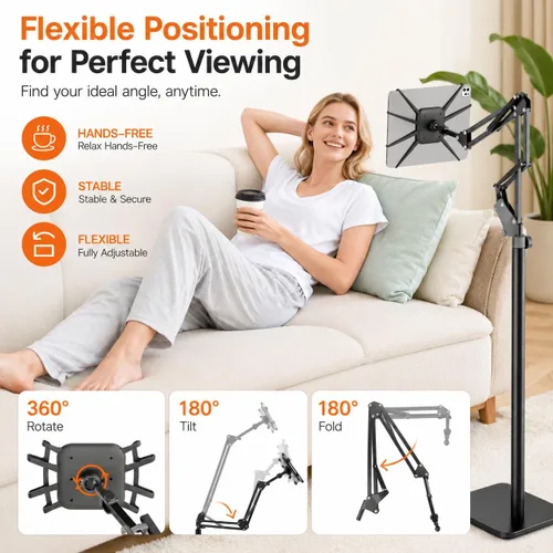 Vista 4 de Soporte de piso para tableta con base de metal, soporte para tableta para cama, iPad y Kindle Overhead Bed Tablet Stand, Angle & Height