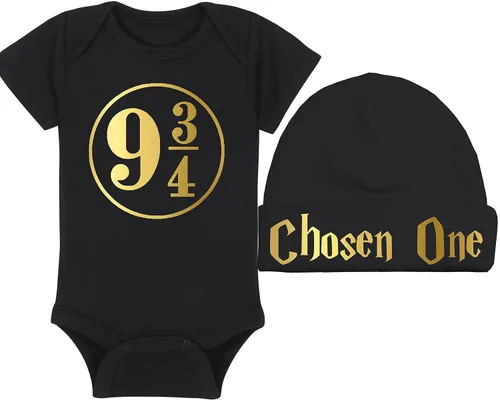 Vista 26 de Sombrero de bebé Wizard - Chosen One (tela negra - diseño dorado)