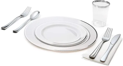 Vista 10 de Occasions" - Juego de vajilla de 180 piezas/20 invitados, platos de plástico desechables para boda, vasos de borde plateado y servilletas de tacto