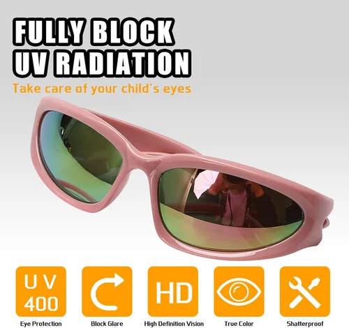 Vista 4 de GUVIVI Gafas de sol para niños con correa envolvente, gafas de sol futuristas para niños y niñas, persianas ovaladas de 4 a 12 años