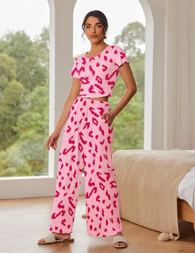 Vista 4 de Ekouaer Conjunto de descanso de 2 piezas para mujer, camiseta corta de punto acanalado, pantalones de pierna ancha con bolsillos S-XXL