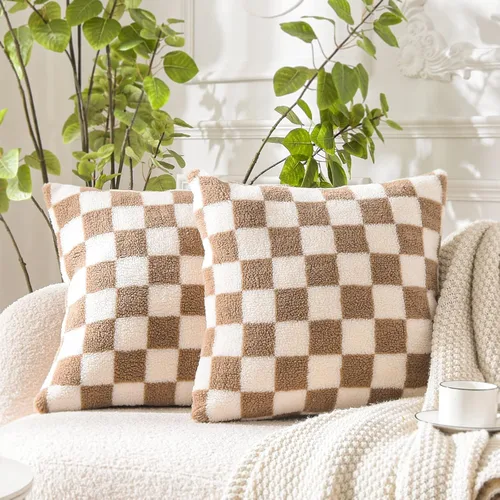 Vista 9 de WACOMECO Fundas de almohada decorativas – Fundas de cojín suaves de Sherpa de piel sintética a cuadros para sofá, dormitorio, sala de estar