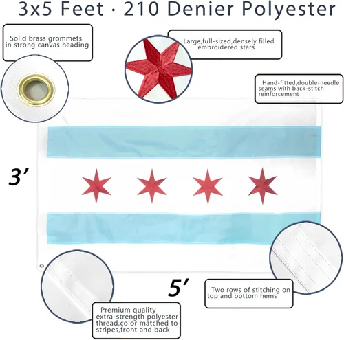 Vista 2 de Anley EverStrong Series - Bandera de la ciudad de Chicago de 3 x 5 pies resistente, rayas bordadas y cosidas, 4 filas de costuras de cerradura