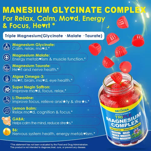 Vista 4 de Calm Focus Gomitas de glicinato de magnesio, con omega-3 + azafrán para niños de 6 años y adultos, triple complejo de magnesio de 500 mg/250 mg