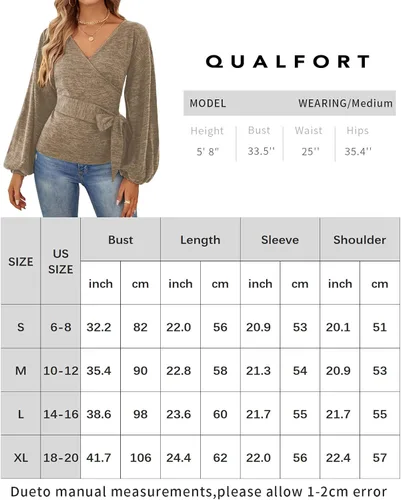Vista 6 de QUALFORT Womens Belt Sweater Wrap V Neck Sweater Lantern Sleeve Pullover