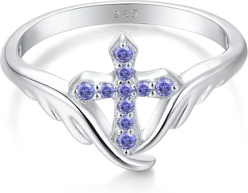 Vista 11 de STARCHENIE Cross Ring 925 Sterling Silver Angel Wings Ring for Women Size 5-10 02-Amatista-Febrero
