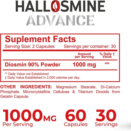 Vista 9 de Hallusa Natural Hallosmine Advance 1000mg Suplemento de diosmina para la circulación y apoyo venoso, salud vascular, venas visibles, arañas, flujo