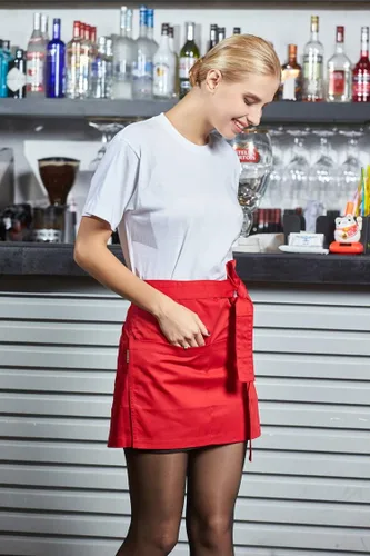 Vista 2 de Delantal bistró de media cintura con 3 bolsillos para hombres y mujeres, delantales cortos para cocina, restaurante, 27.5 x 15.7 pulgadas, rojo
