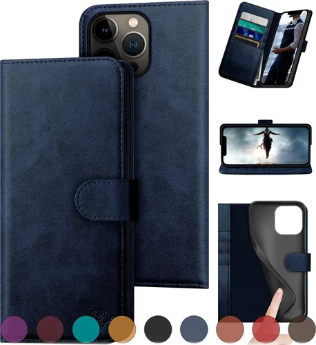 Vista 13 de DuckSky Funda tipo cartera de piel auténtica para iPhone 13 Pro de 6.1 pulgadas. Bloqueo RFID. 4 tarjeteros de crédito. Cuero auténtico. Funda Negro