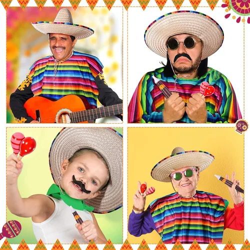 Vista 5 de El juego de disfraz de fiesta mexicana incluye sombrero de poncho de serape mexicano con bigote falso accesorio de palito de maracas coloridas