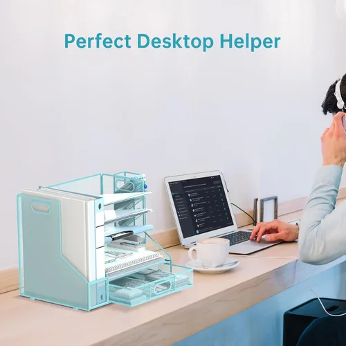 Vista 7 de SUPEASY Organizador de escritorio con soporte para archivos, organizador de bandeja de papel de malla de 5 niveles con soporte para bolígrafo y Azul