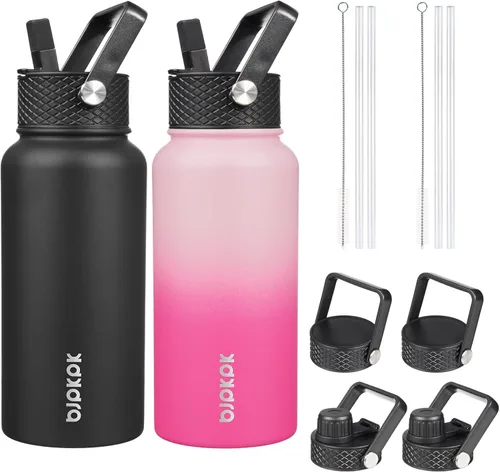 Vista 29 de BJPKPK Paquete de 2 botellas de agua aisladas con tapas con pajita, botella de agua de metal de acero inoxidable de 18oz con 6 tapas, jarras a