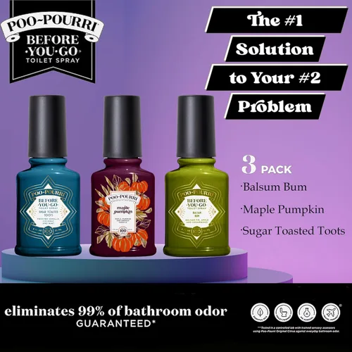 Vista 2 de Poo-Pourri Before-You-Go Spray para Inodoro, Paquete Variado de Primavera de 2 Oz – Maple Pumpkin Sugar Toasted Toots y Balsam Bum