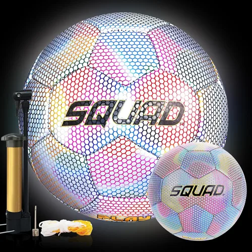 Vista 7 de SQUAD Balón de fútbol holográfico reflectante tamaño 5 – Pelota reflectante brillante para juegos nocturnos y entrenamiento – Cuero sintético