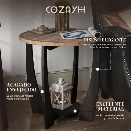 Vista 3 de COZAYH - Mesa auxiliar y auxiliar rústica, redonda con almacenamiento Solid And Manufactured Wood, 23.75 in W, 23.25 in H, 50 lb Capacity