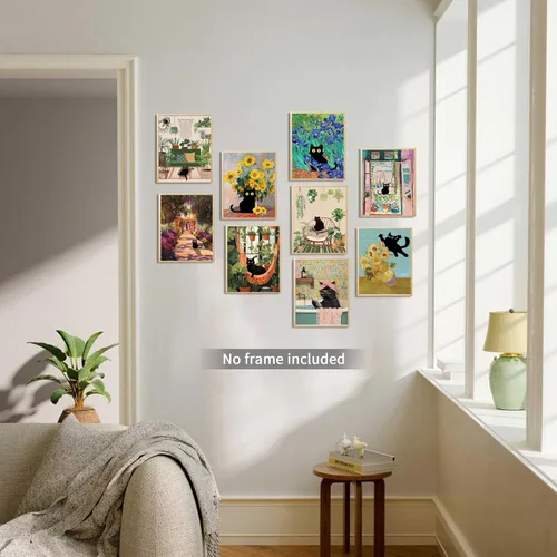 Vista 2 de Divertido póster de arte de pared de gato negro, juego de 9, impresiones en lienzo vintage de gato negro de Van Gogh, impresiones estéticas florales