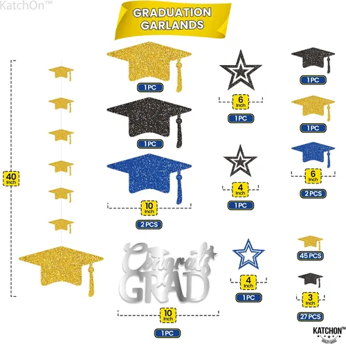 Vista 2 de KatchOn, Guirnalda de gorra de graduación con purpurina, 12 cuerdas, sin bricolaje, decoraciones de graduación azules y doradas 2025, decoraciones