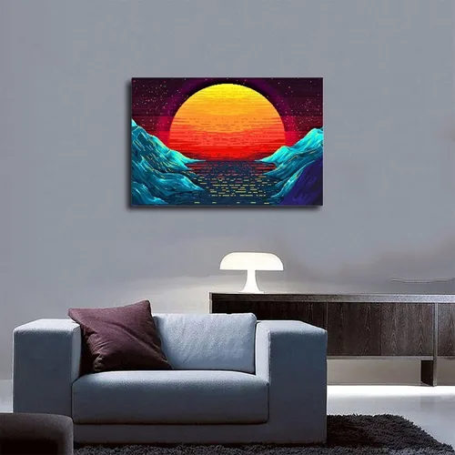 Vista 5 de Original Retro Wave at Sunset Painting Art on Canvas, Magical Sun Printing Canvas Sets, Pixeles Graphics Canvas Wall Art Print Poster For Home