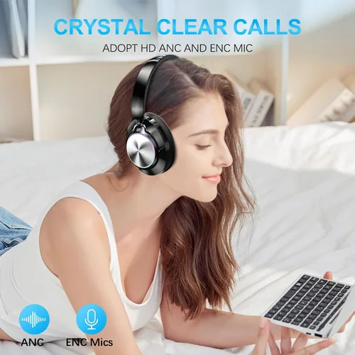 Vista 3 de Auriculares inalámbricos Bluetooth con cancelación de ruido con micrófono, tiempo de reproducción de 65 horas, llamadas claras, ajuste cómodo