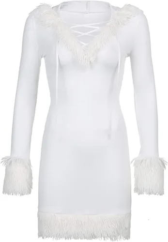 Vista 6 de NUFIWI Vestido corto de plumas para mujer, ajustado, sexy, con ribete de piel sintética, esponjoso, lindo vestido Y2k, ropa de club de moda