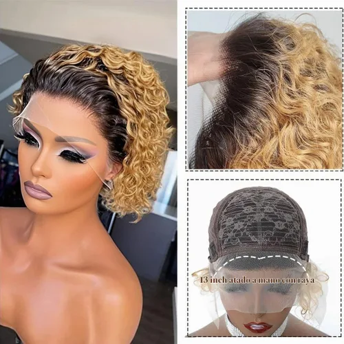 Vista 3 de INSTASTYLE Pelucas rubias degradadas con encaje frontal de 6 pulgadas, cabello humano de 13 x 1, corte Pixie, pelucas cortas rizadas de encaje HD