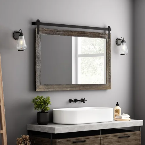 Vista 27 de COGOOD Espejo de puerta de granero de granja, 25 x 18 pulgadas, espejo decrativo con marco de madera rústica para baño, sala de estar, decoración