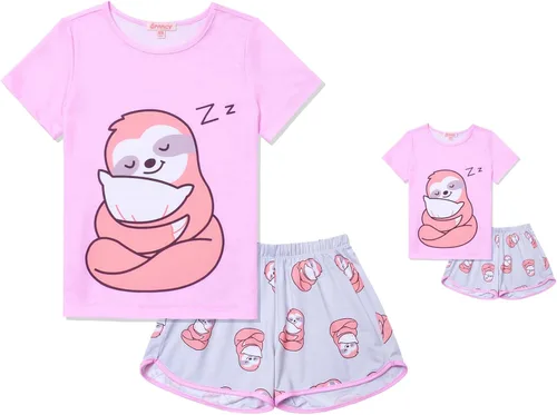 Vista 10 de QPANCY - Conjunto de pijamas a juego para niñas y muñecas con diseño de unicornio, ropa de dormir de algodón para el verano