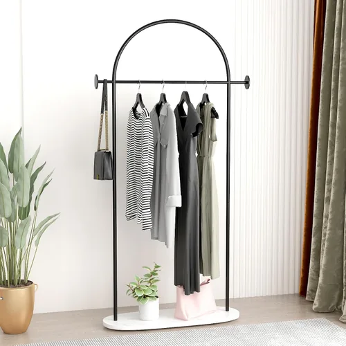 Vista 8 de Percheros de ropa negros, perchero industrial moderno con estante, perchero independiente resistente, soporte de metal con ganchos para oficina