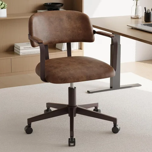 Vista 9 de BFZ Silla de escritorio retro de mediados de siglo para oficina en casa con respaldo, piel sintética, altura ajustable, giratoria, reposabrazos