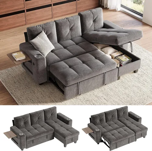 Vista 22 de LINSY HOME Modular Sectional Sofa Bed, Chenille Pull Out Couch 2 Seat Beige