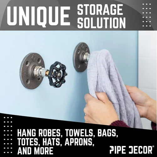 Vista 4 de PIPE DECOR Gancho para abrigos, válvula de espiga de agua industrial negra, montaje en pared con brida de plomería de hierro real para el hogar