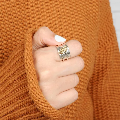 Vista 2 de Anillo giratorio de girasol y abeja para mujer, plata de ley 925, Boho-Magic