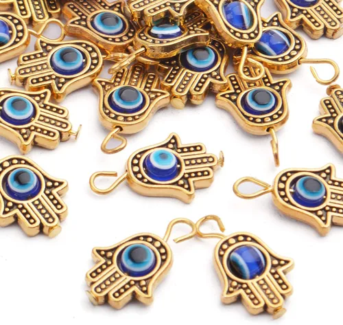 Vista 5 de 30 dijes antiguos de mano de Hamsa contra el mal de ojo de Fátima, accesorios de joyería para collares, pulseras, suministros de manualidades