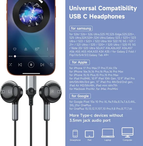 Vista 3 de Auriculares USB C Tipo C Auriculares para Samsung Galaxy S26 S25 S23 A17 Negro