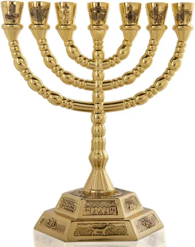 Vista 7 de Portavelas de Menorá de Hanukkah de 4.3" con 7 ramas para Shabat, Tabernáculo, Menorás para Janucá (dorado) Menorás de oro para Janucá, decoración