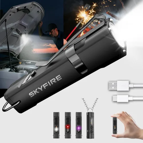 Vista 8 de SKYFIRE 2Pack linterna recargable EDC con encendedor eléctrico, clip y base magnética, mini linternas con luz LED UV roja y blanca, luz de bolsillo