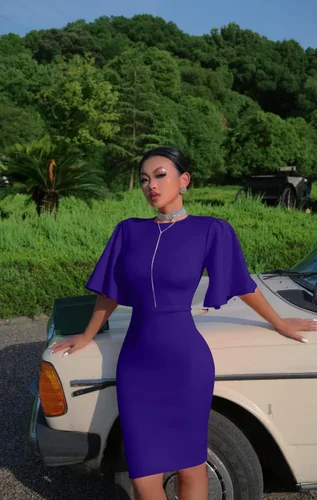 Vista 5 de Memoriesea - Vestido midi entallado con mangas cortas acampanadas con volantes para mujer