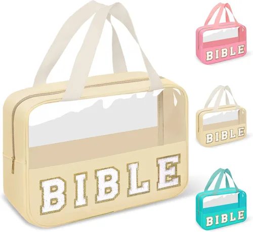 Vista 15 de izuzta Bolsas de maquillaje transparentes tipo tote con letras de chenilla, bolsa de maquillaje preppy con asa, Moda