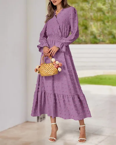 Vista 4 de BTFBM Vestidos de otoño 2023 para mujer, manga larga, cuello en V, lunares suizos, vestido largo bohemio, vestido largo de cintura alta, vestido