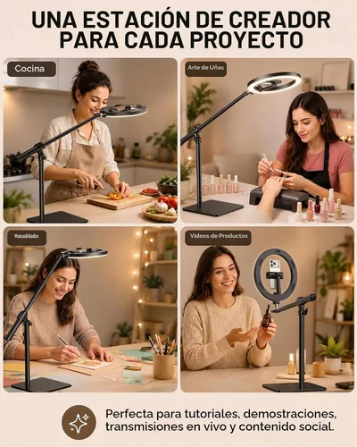 Vista 5 de Anillo de luz con soporte para escritorio, soporte de teléfono superior ajustable con trípode de luz de anillo de 10 pulgadas para iPhone, trípode