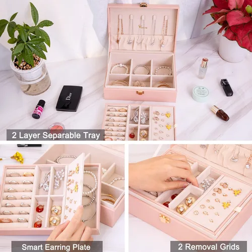 Vista 3 de Voova - Joyero organizador para mujeres y niñas, 2 capas de almacenamiento de joyas grandes para hombres, soporte para joyas de piel sintética
