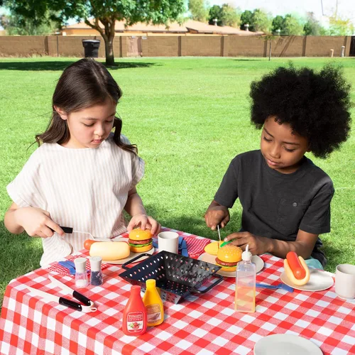 Vista 2 de 27 piezas de juego de parrilla de barbacoa para niños, juguete de parrilla de barbacoa de patio trasero, juego de juguetes de parrilla para niños