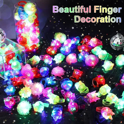 Vista 5 de Vinsot 72 anillos iluminados para fiestas rave, anillos de gelatina intermitentes LED que brillan en la oscuridad, luz de goma, regalo de fiesta